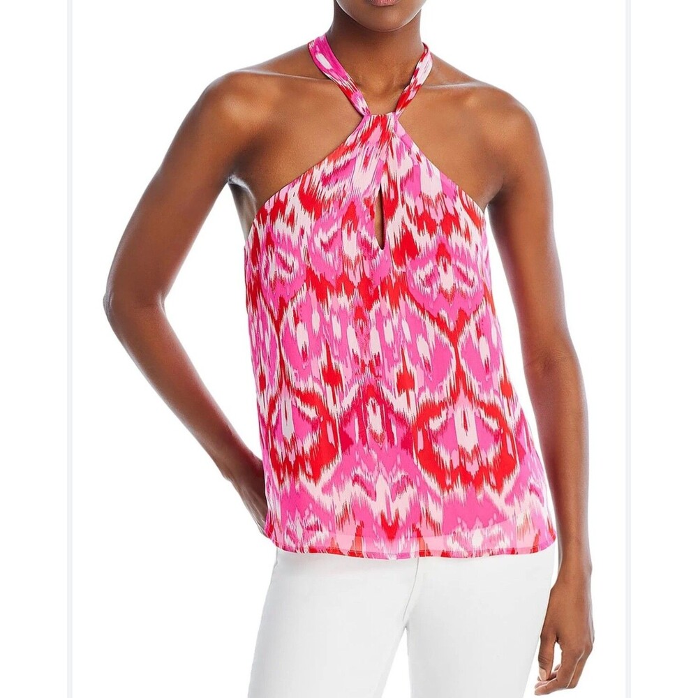 AQUA Ikat Print Keyhole Top Women's Small Pink/Red High Double V-Neck Pullover